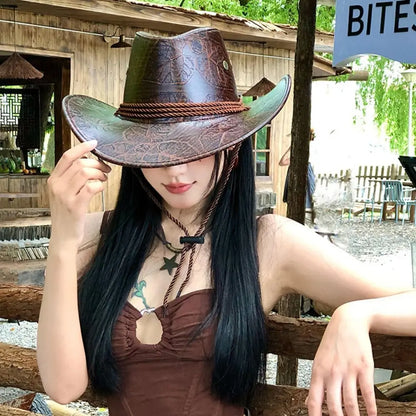 Chapeau de Cowboy occidental de Style ethnique pour homme, chapeau de chevalier à large bord, couleur unie, noir/marron, chapeau de Jazz pour l'extérieur