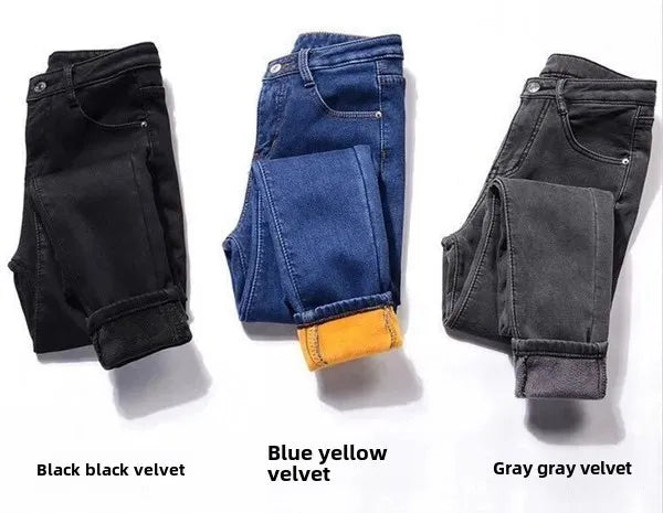 WinterFleece-Lined Thickened High-Waisted Jeans Women's Korean Style Black Slimming Trousers Student Elastic Long Pants