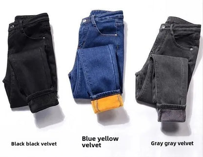 WinterFleece-Lined Thickened High-Waisted Jeans Women's Korean Style Black Slimming Trousers Student Elastic Long Pants