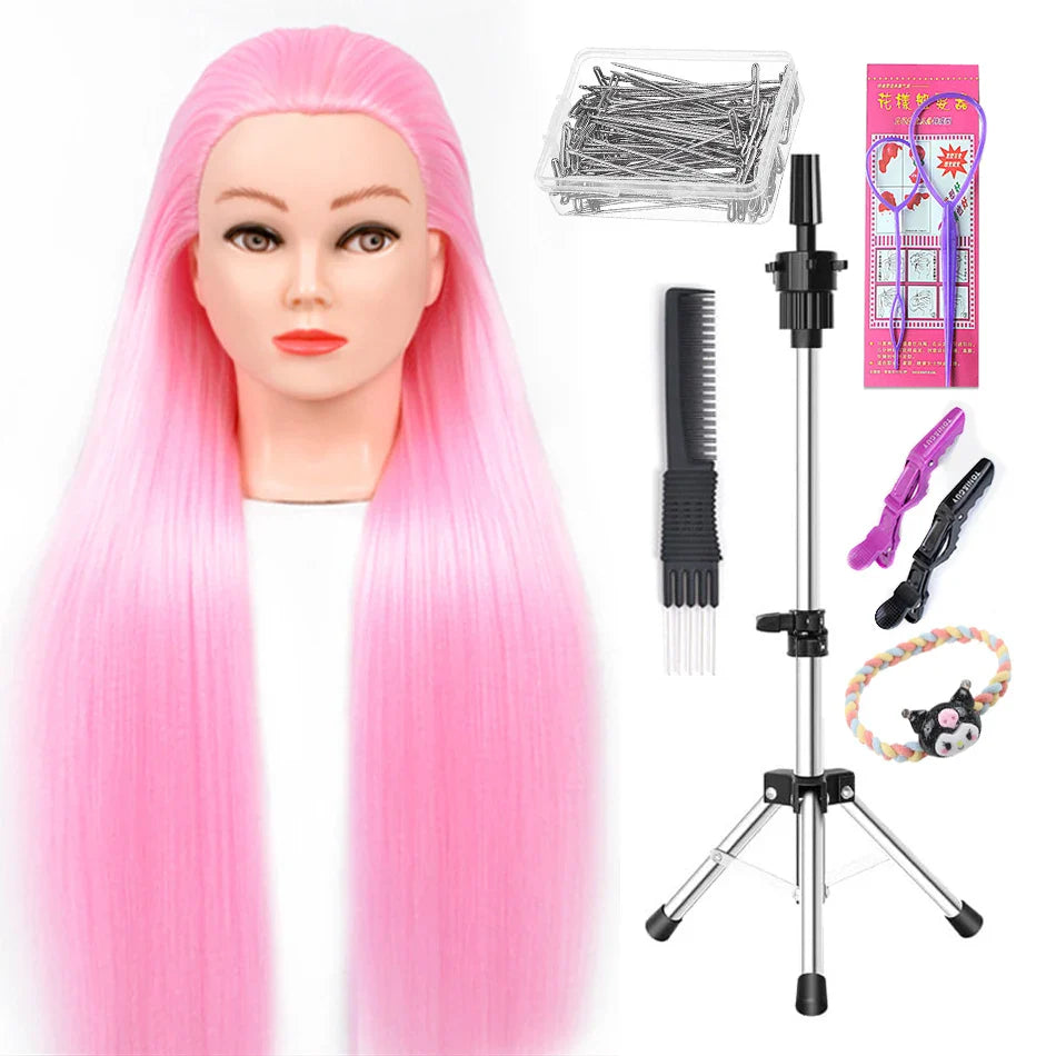 Tête de mannequin à cheveux longs synthétiques avec support de trépied de perruque réglable Modèle avec tête de mannequin Formation de coiffeur coiffant