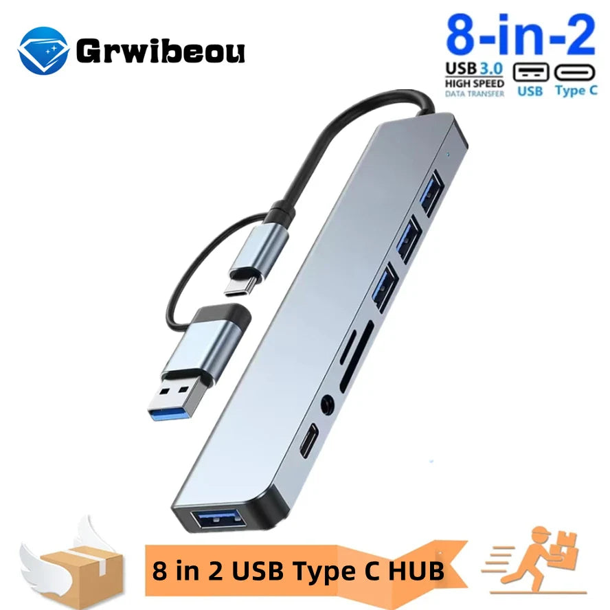 8 in 2 Docking Station USB Type C HUB with 3.5mm Audio Jack Adapter Micro SD Card Reader Laptop Tablet Phone Disk Converter