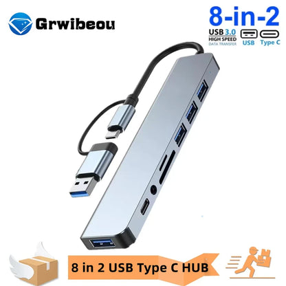 8 in 2 Docking Station USB Type C HUB with 3.5mm Audio Jack Adapter Micro SD Card Reader Laptop Tablet Phone Disk Converter