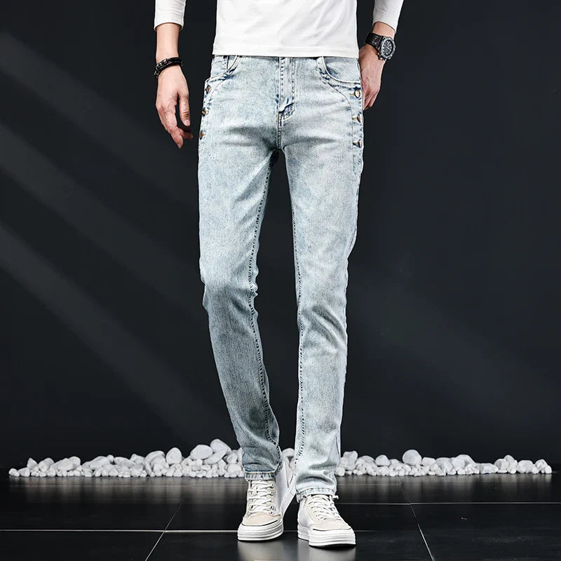 Slim Skinny Jeans Men New Elastic Korean Design Fashion Multi-Button Blue White Vintage Wash Cotton Stretch Denim Pants Trousers