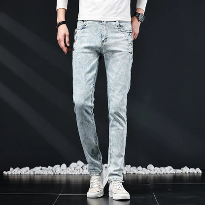 Slim Skinny Jeans Men New Elastic Korean Design Fashion Multi-Button Blue White Vintage Wash Cotton Stretch Denim Pants Trousers