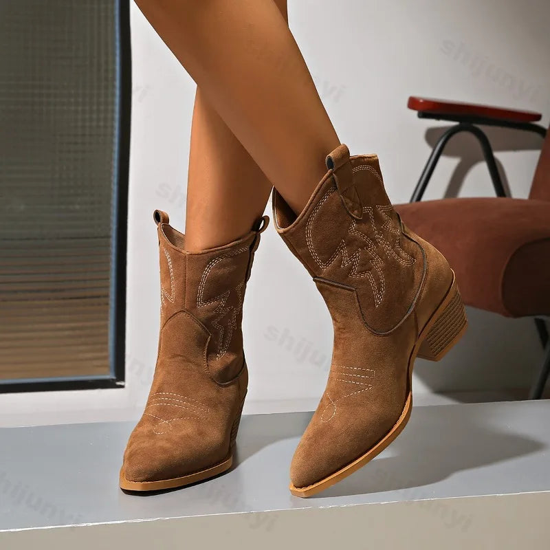 Women Boots 2025 New Cowboy Retro Leather Ankle Boots Comfortable Embroidered Spring Autumn Sexy High Short Boots Botas Mujer