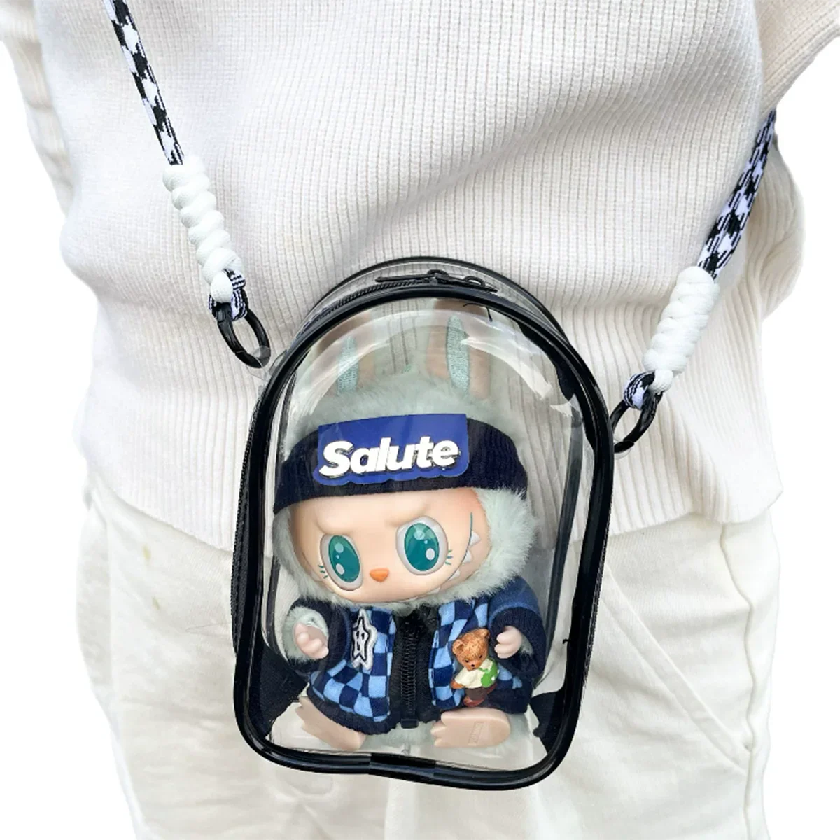Pour sac bandoulière Labubu V2 de 15 cm en coton, sac de rangement en PVC, sac d'affichage pour poupées à pompon