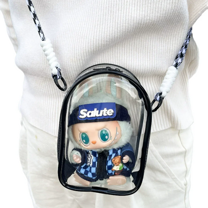 Pour sac bandoulière Labubu V2 de 15 cm en coton, sac de rangement en PVC, sac d'affichage pour poupées à pompon