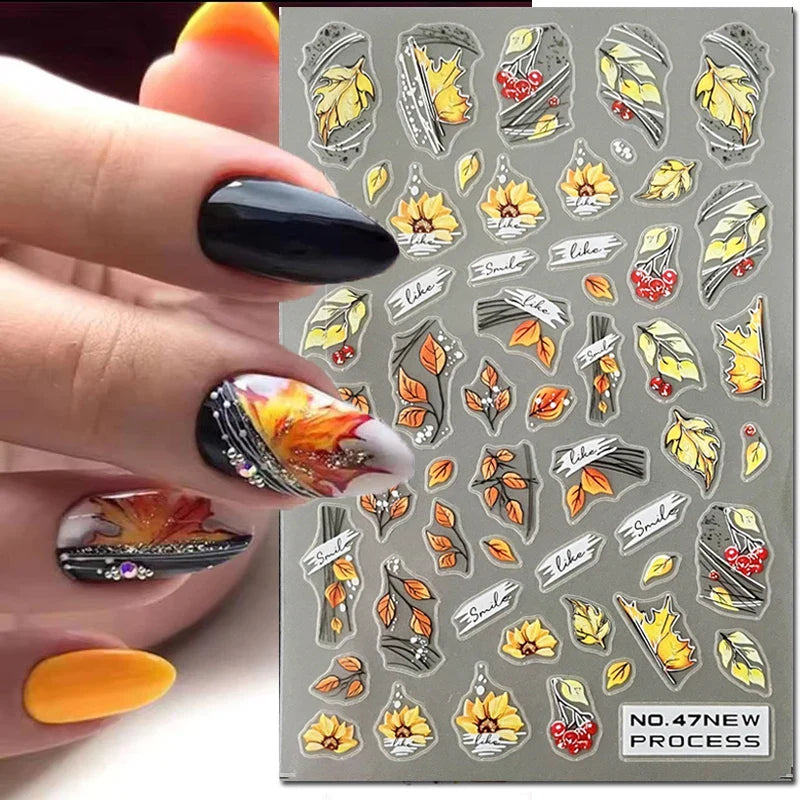 3d Nail Art Stickers Winter Autumn Golden Leaves Red Roses Flowers Decals For Nails Decoration Manicure Salon Beauty