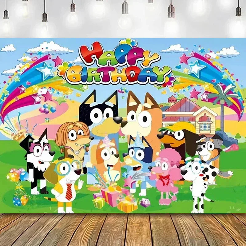 Bluey Moose Birthday Background Banner Anime Bluey Bingo Family 210x180cm Children's Birthday Party Decoration Background Cloth
