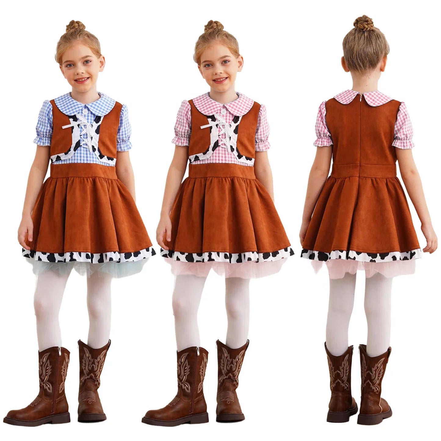 Kids Girls Western Cowboy Cowgirl Costume Puff Sleeve Cow Print Gingham A-line Dress Halloween Carnival Cosplay Party Dress Up