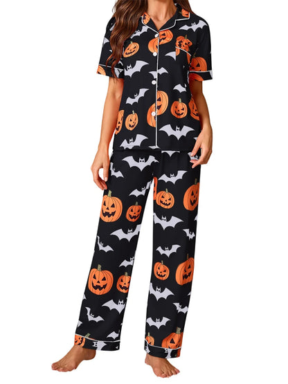 Women Halloween Pajama Set, Pumpkin Bat Print Short Sleeve Button Closure Shirt with Pants Sleepwear Loungewear