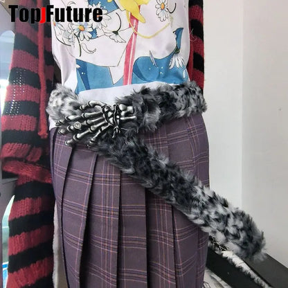 Y2K-Harajuku Western Cowboy Furry Snowleopard Punk Skull Belt, Gift for Women and Men, Girls