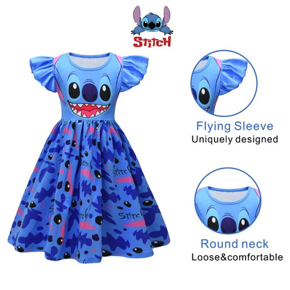 Costume de Cosplay Lilo et Stitch pour filles, robe de princesse bleue foncée imprimée, manches volantes, longueur aux genoux