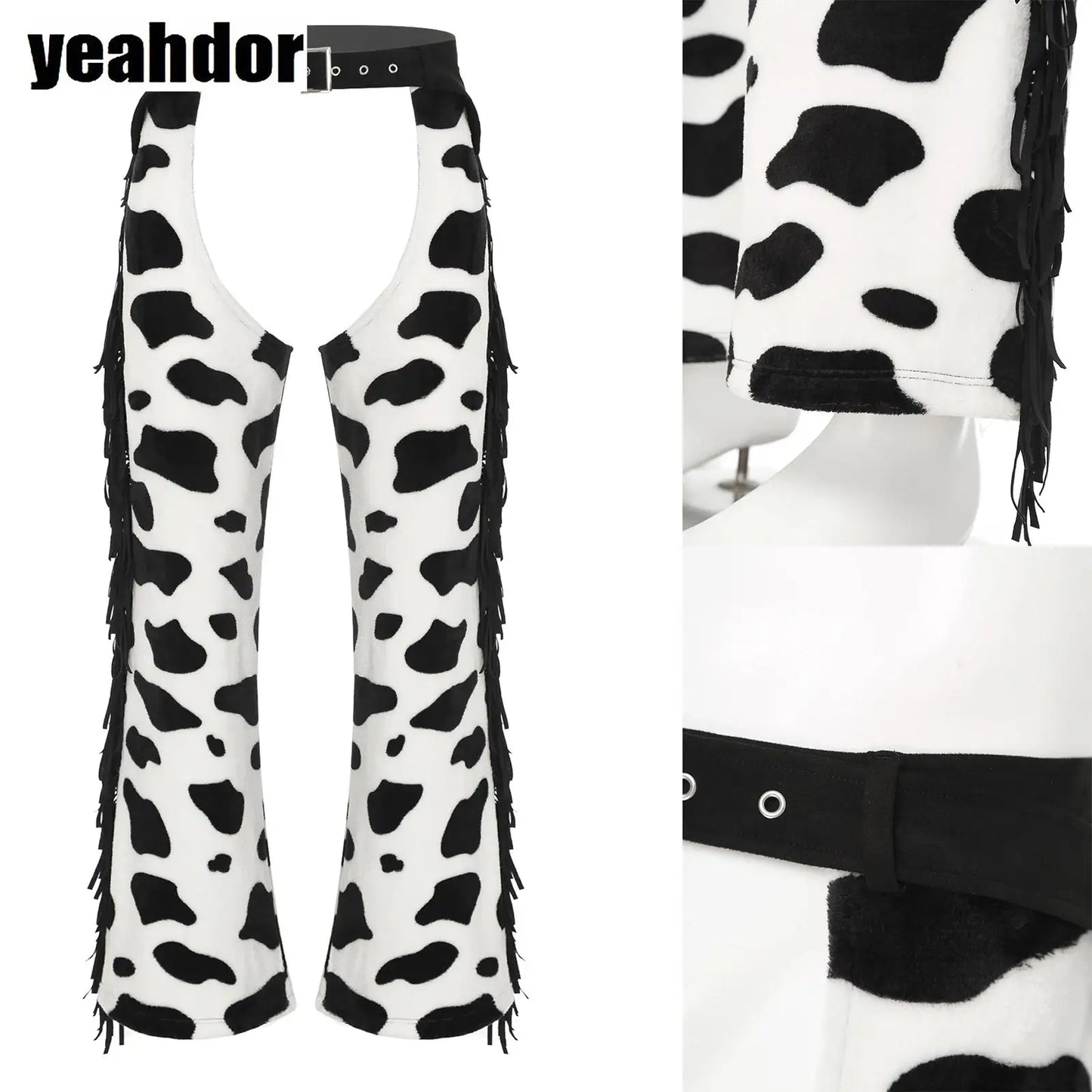 Men Halloween Cowboy Cosplay Costume Cow Print Flannel Pants Adjustable Waist Side Tassel Open Crotch Cowboy Chaps Rave Party
