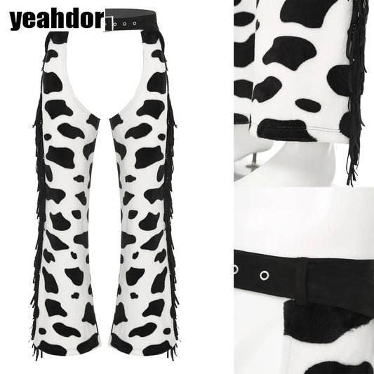 Men Halloween Cowboy Cosplay Costume Cow Print Flannel Pants Adjustable Waist Side Tassel Open Crotch Cowboy Chaps Rave Party
