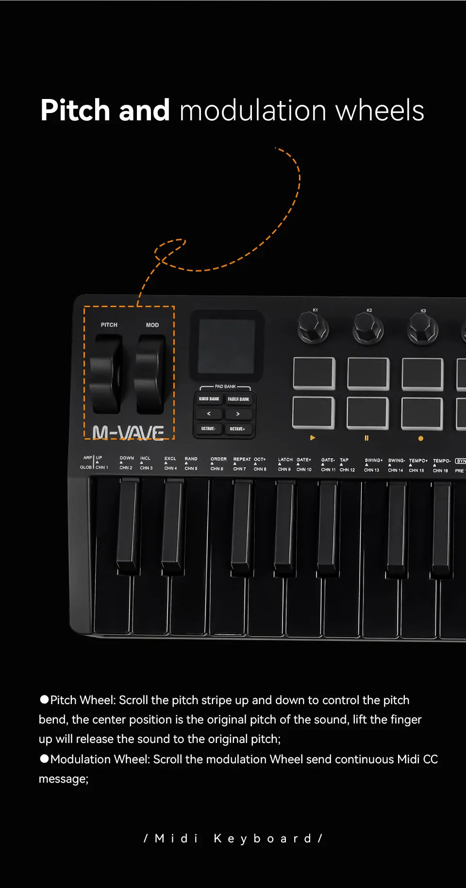 Clavier MIDI M-VAVE All Black PRO 37 touches, 16 tampons RGB, 4 faders, 8 encodeurs, moteur de synthétiseur FM DX-7 intégré, 5 couleurs en option