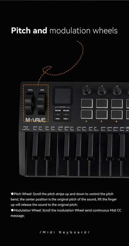 Clavier MIDI M-VAVE All Black PRO 37 touches, 16 tampons RGB, 4 faders, 8 encodeurs, moteur de synthétiseur FM DX-7 intégré, 5 couleurs en option