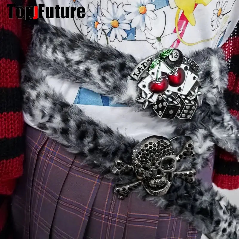 Y2K-Harajuku Western Cowboy Furry Snowleopard Punk Skull Belt, Gift for Women and Men, Girls