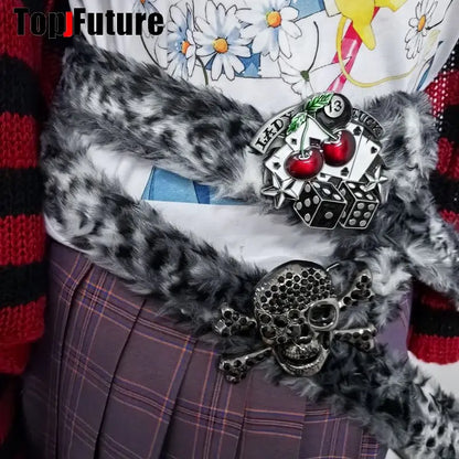 Y2K-Harajuku Western Cowboy Furry Snowleopard Punk Skull Belt, Gift for Women and Men, Girls