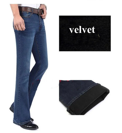 Men's Flared Jeans For Winter Thick Mid High Waist Slim Bell-bottoms Pants Elastic Fared Denim Trousers Size 26-40