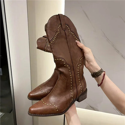 2025 New Women's Boots Low Heel Cowboy Western Short Leather Knee High Luxury Designer Gothic New Rock Shoes Vintage
