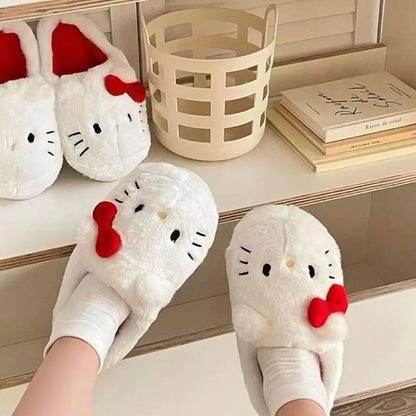 Sanrio Hello Kitty Plush Slippers Kawaii Keep Warm Anti-slip Autumn Female Winter Bedroom Student Child Cute Plush Slippers
