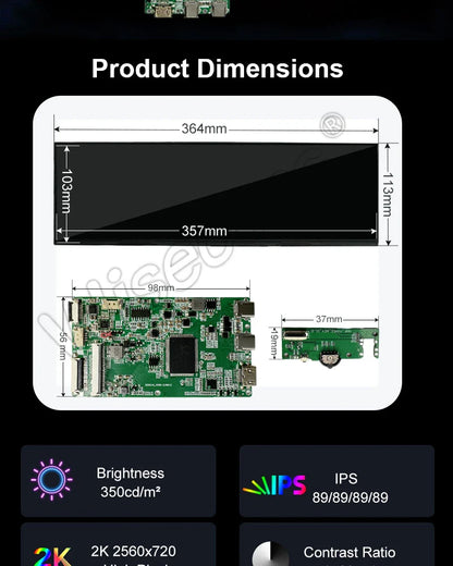 Wisecoco 14.5 Inch Stretched Bar LCD Display IPS 2560x720 2K Long Strip LCD Panel Capacitive Touchscreen USB-C Driver Board