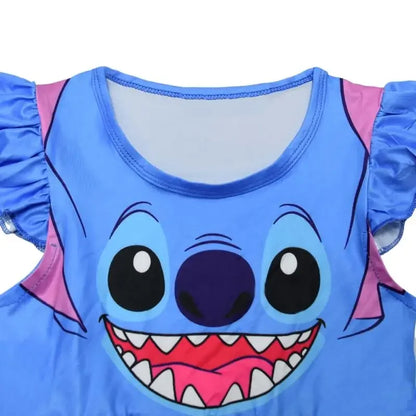 Costume de Cosplay Lilo et Stitch pour filles, robe de princesse bleue foncée imprimée, manches volantes, longueur aux genoux
