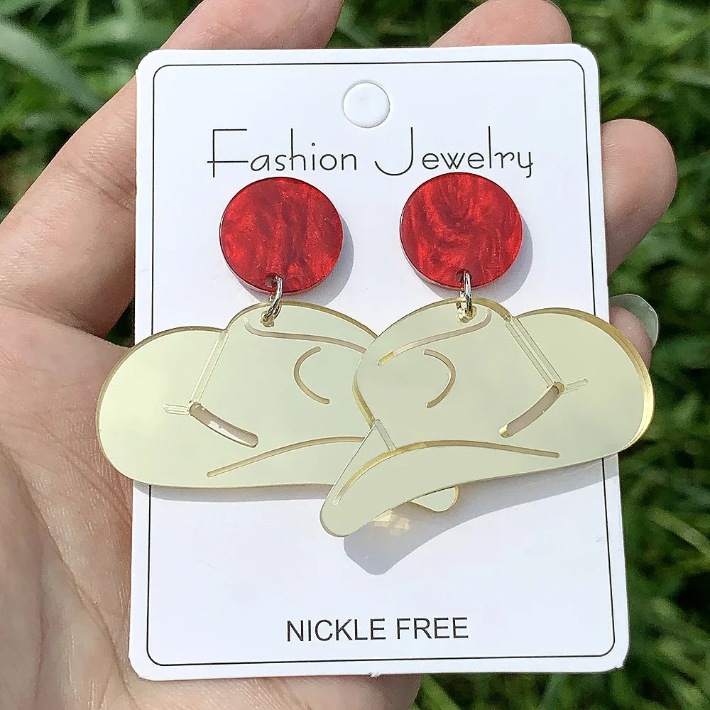 Boucles d'oreilles en acrylique faites à la main pour femmes et filles, chapeau de cow-girl occidental, bijoux de campagne à paillettes, cadeaux sympas
