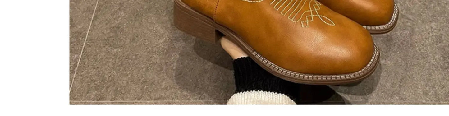 Versatile Western Cowboy Boots Summer Coarse Heel Embroidered Sleeve Knight Boots Mid Barrel Square Head Horseshoe Large
