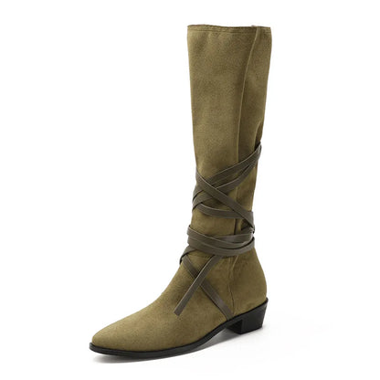 Matte Leather Gothic Western Cowboy Boots Women's Fashion Autumn New Style Pointed Toe Lace-up Retro High Top Flat Heel Boots