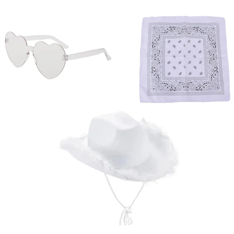 Ensemble de chapeaux de Cowboy roses, 3 pièces, chapeaux de fête d'enterrement de vie de jeune fille, chapeaux de Cowgirl occidentale en plumes, casquettes de Costume de fête + lunettes + mouchoir