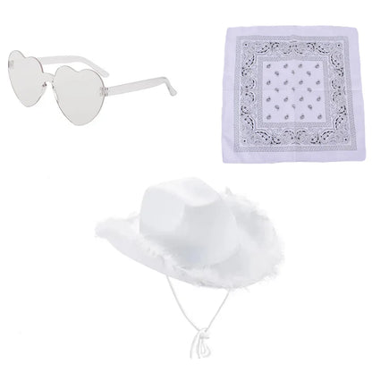 Ensemble de chapeaux de Cowboy roses, 3 pièces, chapeaux de fête d'enterrement de vie de jeune fille, chapeaux de Cowgirl occidentale en plumes, casquettes de Costume de fête + lunettes + mouchoir