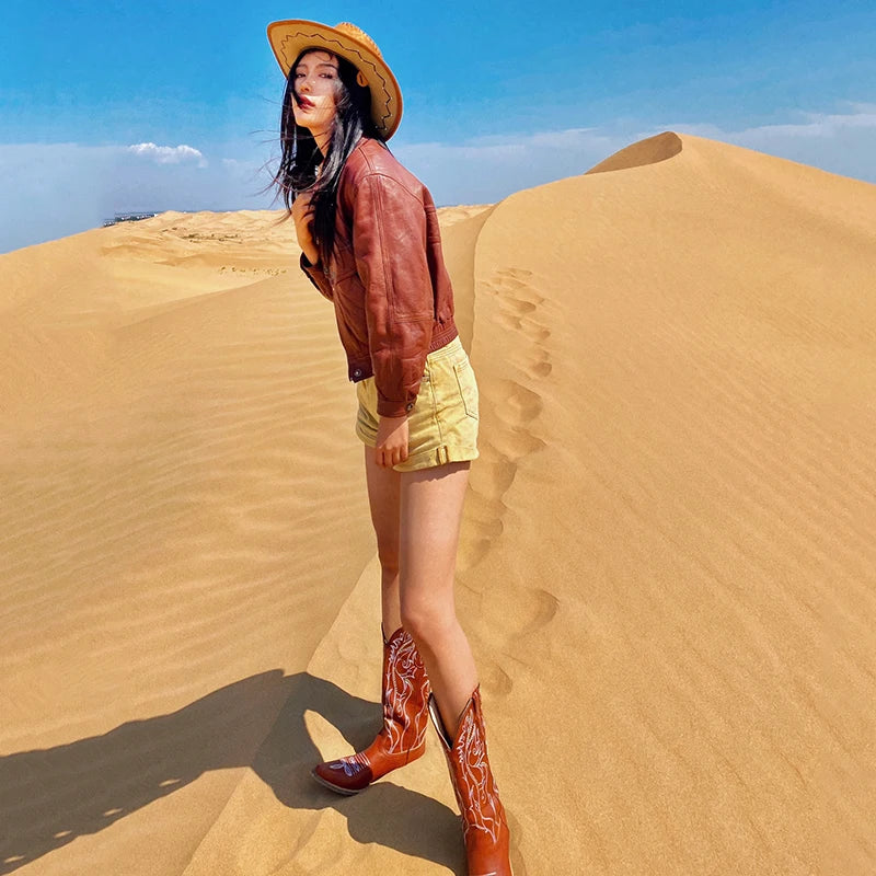 Women's boots genuine leather embroidery knee-length western cowboy boots high heels retro all-match knight fashion boots