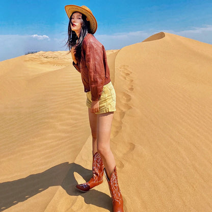 Women's boots genuine leather embroidery knee-length western cowboy boots high heels retro all-match knight fashion boots