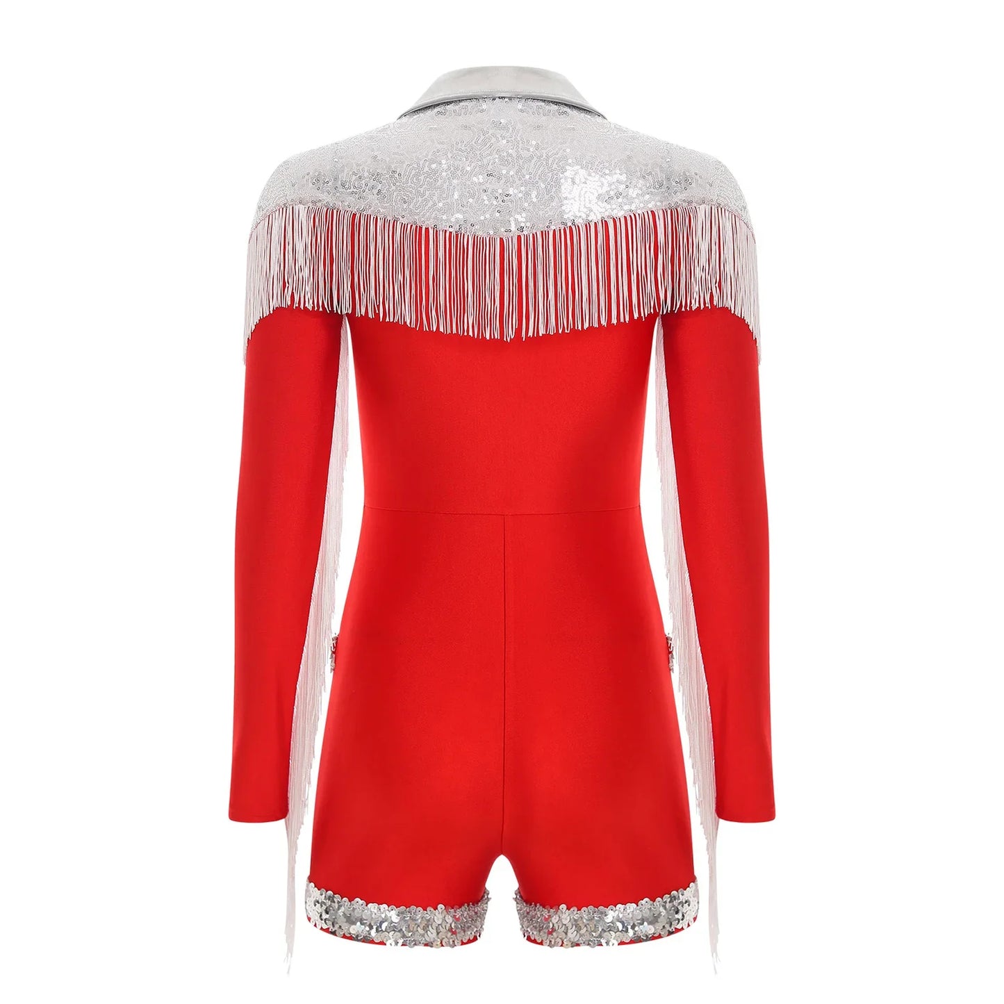 Womens Sequins Western Cowgirl Cosplay Costume Tassel Fringe Boyshorts Rompers 70s 80s Disco Bodysuit Front Zip Playsuit