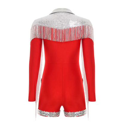 Womens Halloween Western Cowgirl Playsuit Sparkly Cosplay Costume 70s 80s Disco Bodysuit Tassel Fringe Sequins Boyshorts Rompers