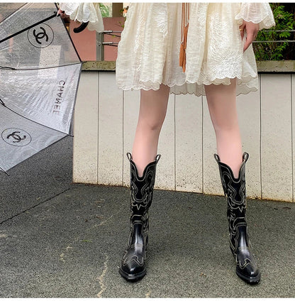 Ods Cowboy Western Boots For Women Real Leather Embroidered Pointed Toe Mid-calf Western Boot Retro Fashion Casual High Quality