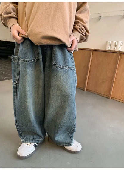 Korean Children's Denim Overalls Spring Autumn Casual Jeans Wide Denim Pants Wide Leg Jeans for Kids Loose Streetwear Trouser