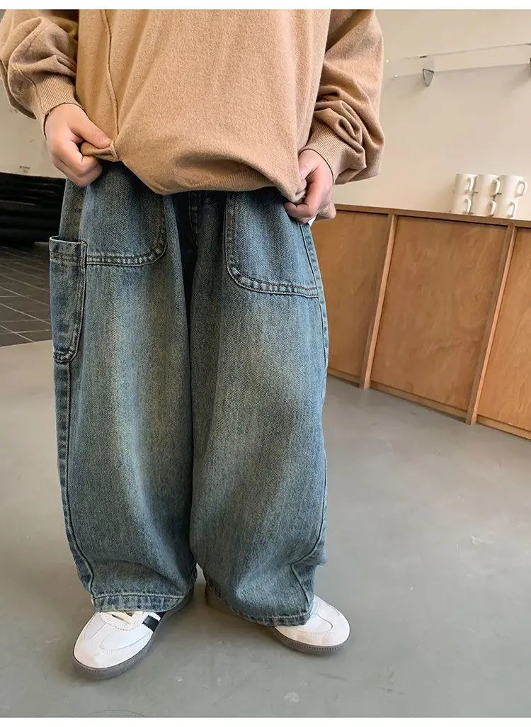 Salopette en jean coréenne pour enfants printemps automne décontractée, pantalon en jean large, jean large pour enfants, pantalon ample streetwear