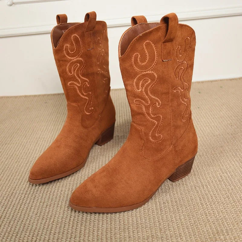 Embroidered Western Cowboy Boots for Women Autumn Pointed Toe Thick Heel High Knee Boots Woman Loose PU Leather Long Botas Mujer