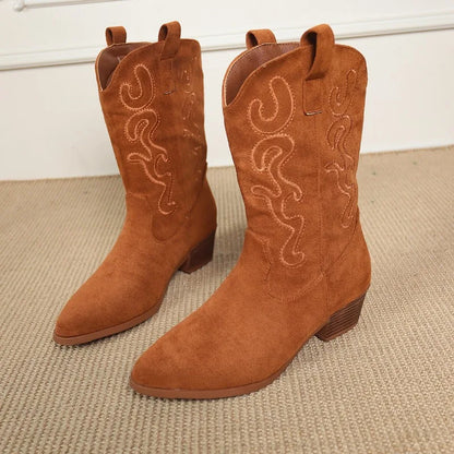 Embroidered Western Cowboy Boots for Women Autumn Pointed Toe Thick Heel High Knee Boots Woman Loose PU Leather Long Botas Mujer