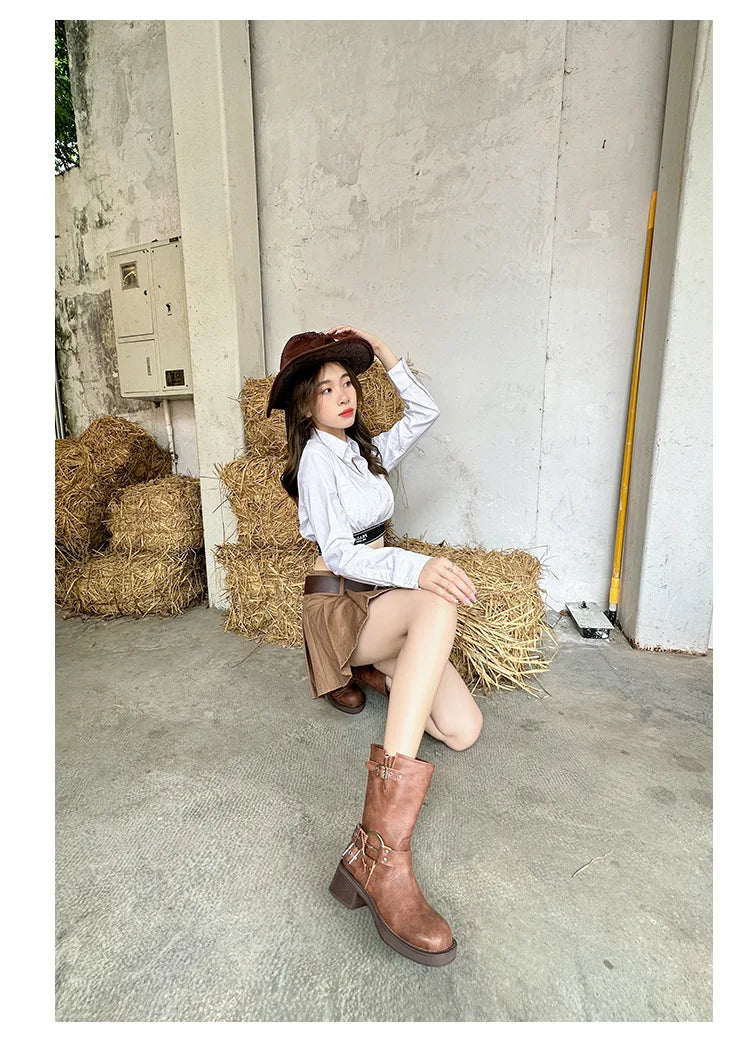 Designer Luxury Brand Retro Real Leather Brown Cropped Cowboy Boots Chunky Heel Sleeve Square Punk Style Botas Mujer Hot Selling