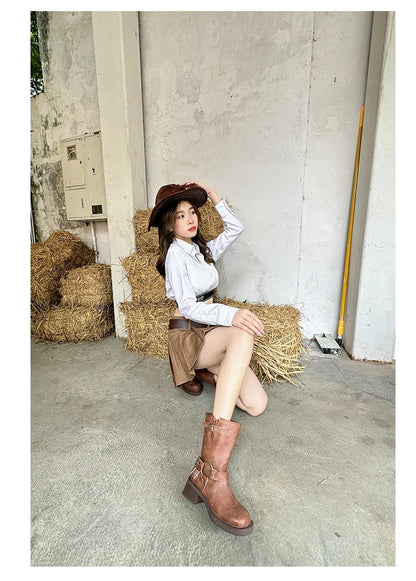 Designer Luxury Brand Retro Real Leather Brown Cropped Cowboy Boots Chunky Heel Sleeve Square Punk Style Botas Mujer Hot Selling