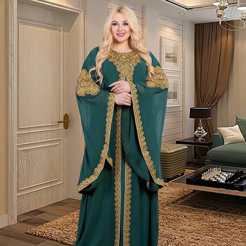 Abaya-Robes de soirée pour femmes, caftan musulman, manches évasées, robe brodée en dentelle dorée, trempée Jalabiya, Ramadan, ensemble de 2 pièces