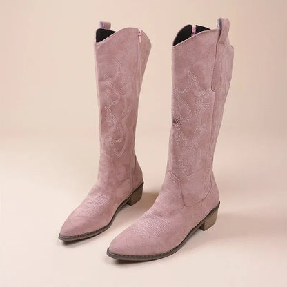 Bottes de Cowboy occidentales brodées pour femmes, bout pointu, talon épais, bottes hautes aux genoux, amples, en cuir PU, longues, automne