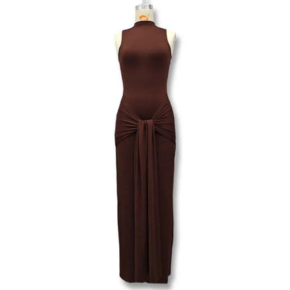 Slim Fit Wrap around Midriff Baring Sleeveless round Neck Dress for Women in Autumn And Winter Pure Color with Belt Detail