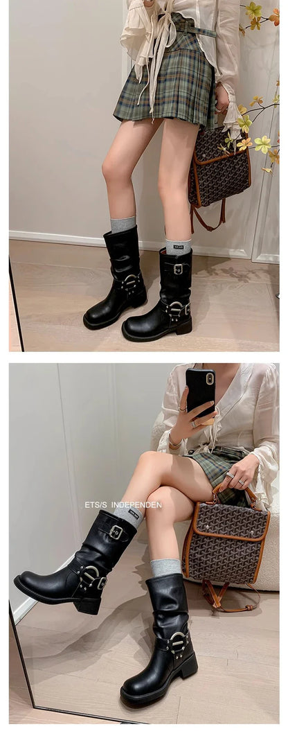 Bottes d'hiver de cowboy pour femmes, bottines décontractées à enfiler, fond épais, style moderne