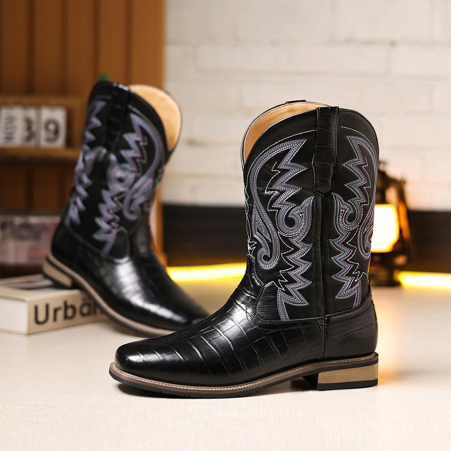 Cowboy Boots for Men - Men's Western Boots with Embroidery, Square Toe Chunky Heel, Durable and Fashionable Retro Classic Footwe