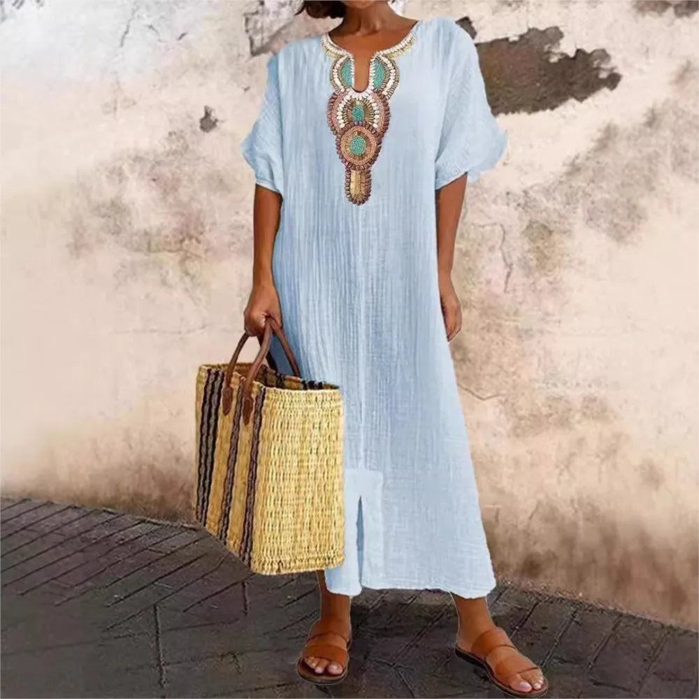 Embroidered Fashion O-Neck Short Sleeve Women Dresses Summer New Casual Unique Slit Dress Elegant Female Vacation Dress Robe